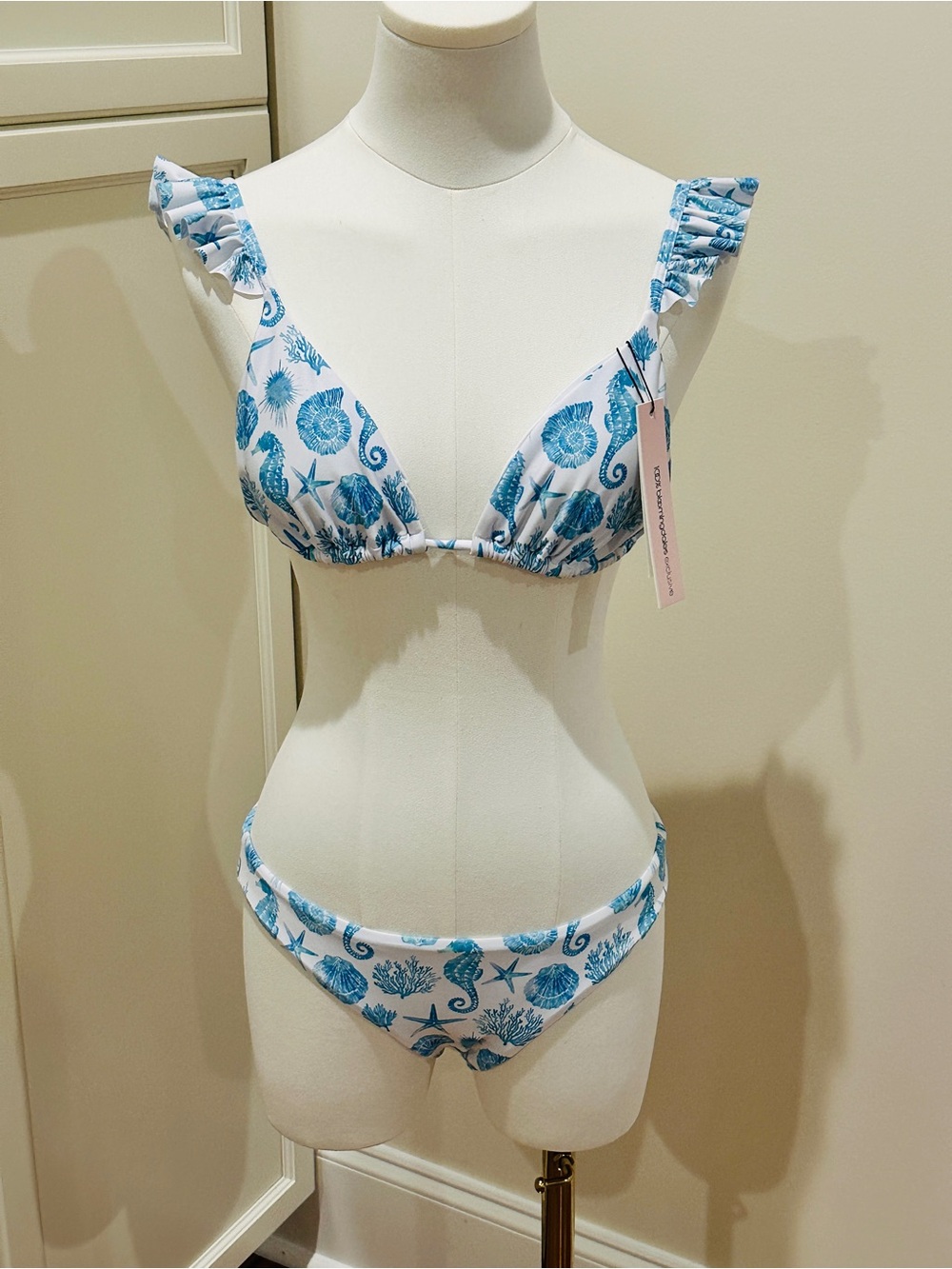 Aqua Blue Seashell Print Ruffle Strap Bikini